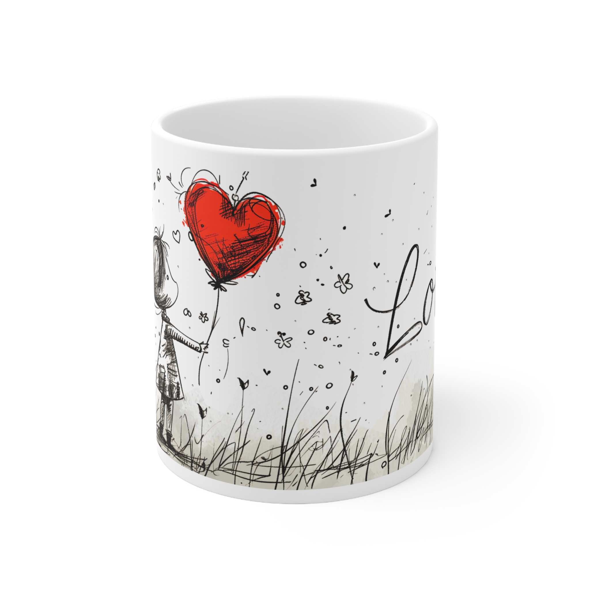 Love Heart Balloon Mug — Cute Girl Illustration Ceramic Coffee Cup (11oz, 15oz)